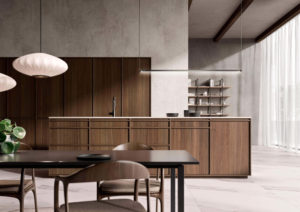 Stauraum in der Kueche Leicht Kyoto Designküche mit Insel grifflos Nussbaum