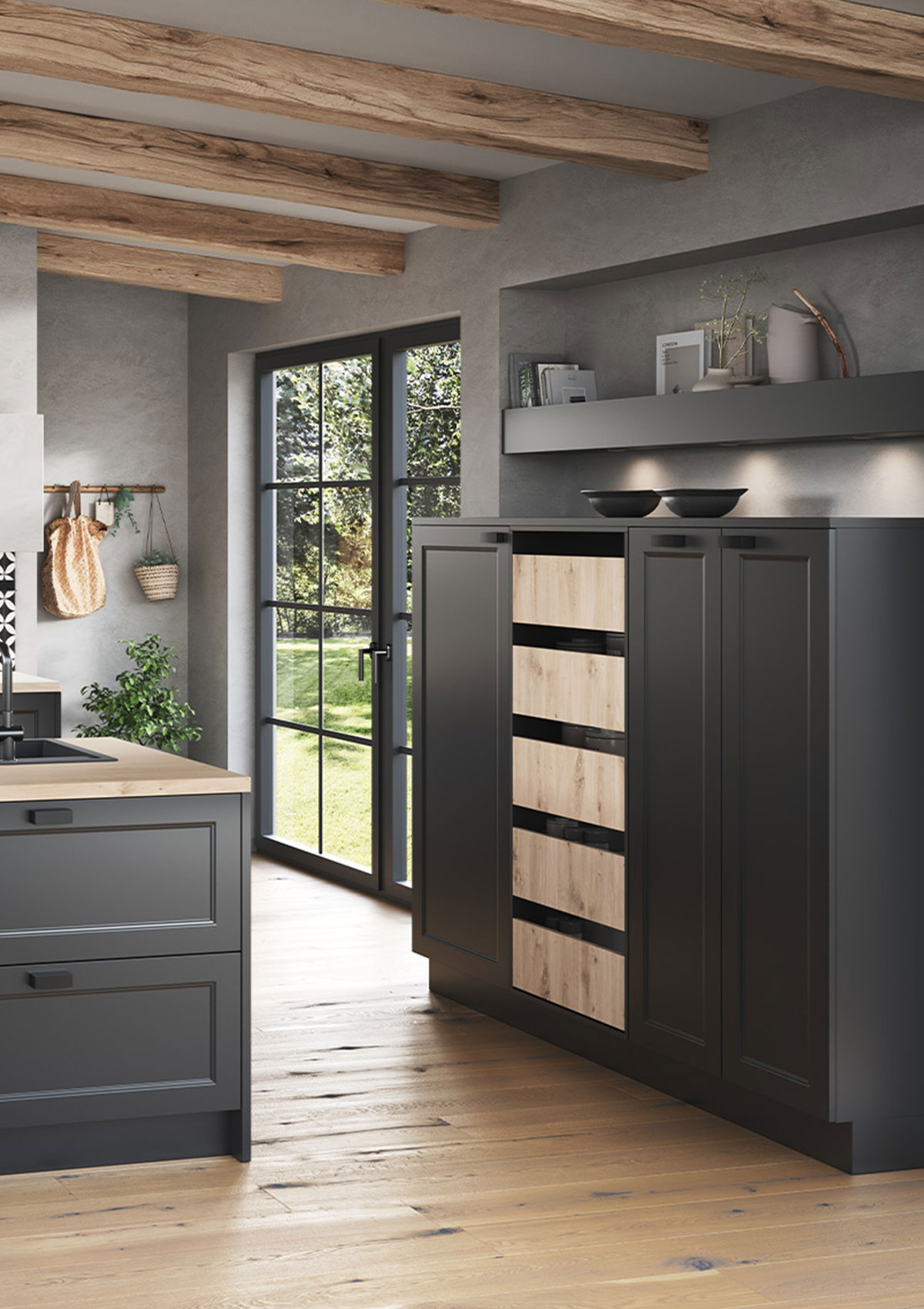 Häcker Ravenna Landhausküche mit Insel und Hochschrank