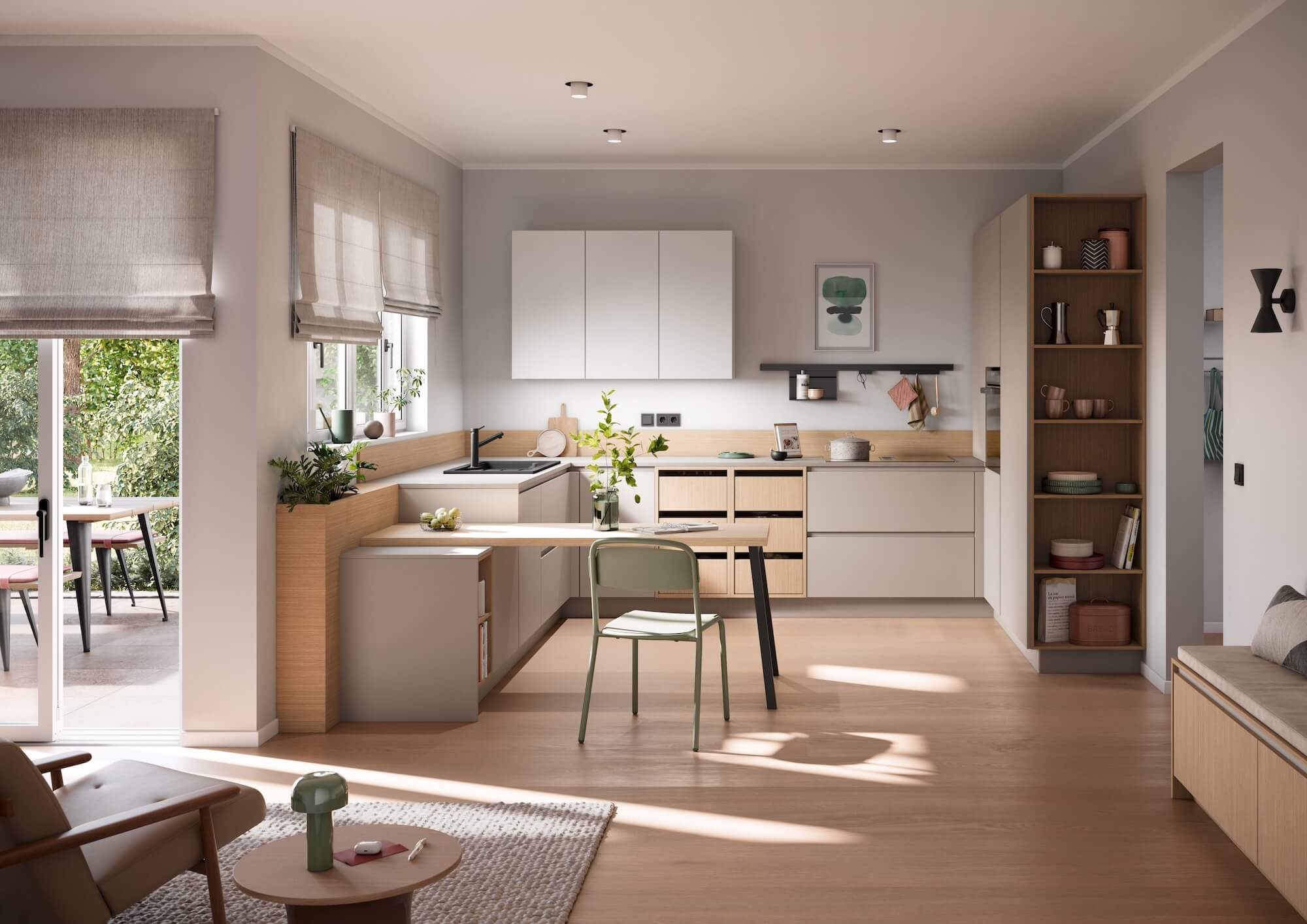 Haecker-Moderne-L-Kueche-Steinbeige-Weiss