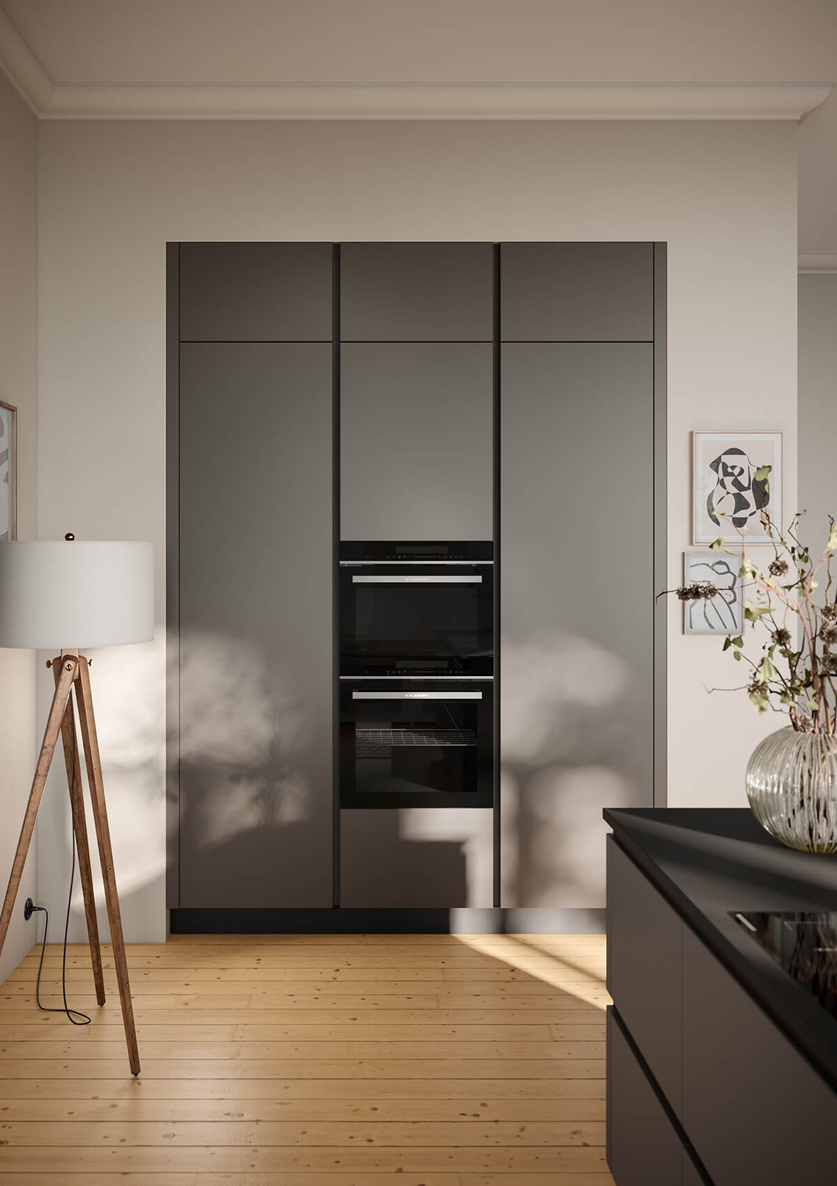 Haecker Inselkueche modern Steingrau Hochschrank